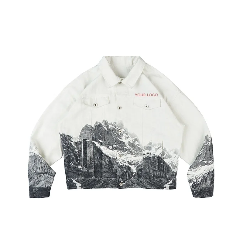 Full over digital printed with snow mountain pattern custom jean jacket for man cotton twill denim jacket mens