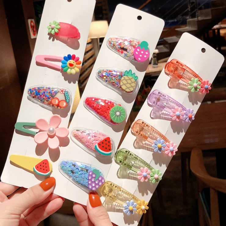 
2021 5Pcs Set Baby Hairpins Cartoon Girls acrylic Hair Clips Colorful PVC Fruit Flowers Transparent Child Hair Clips 