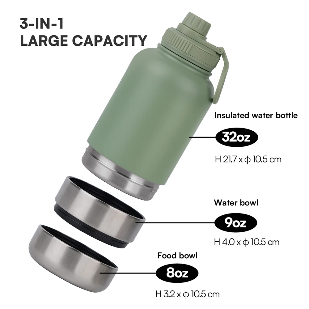 NEW ODM 3 in 1 double walled stainless steel pet water bottle dog feeding water bottles pet travel water feeder bottle