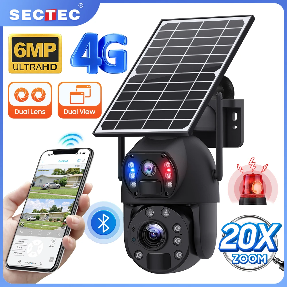 SECTEC 6 Мп 20x4G Sim-карты с зумом PTZ Солнечная камера двойным объективом сигнализация оптическая IP66 Водонепроницаемая безопасности