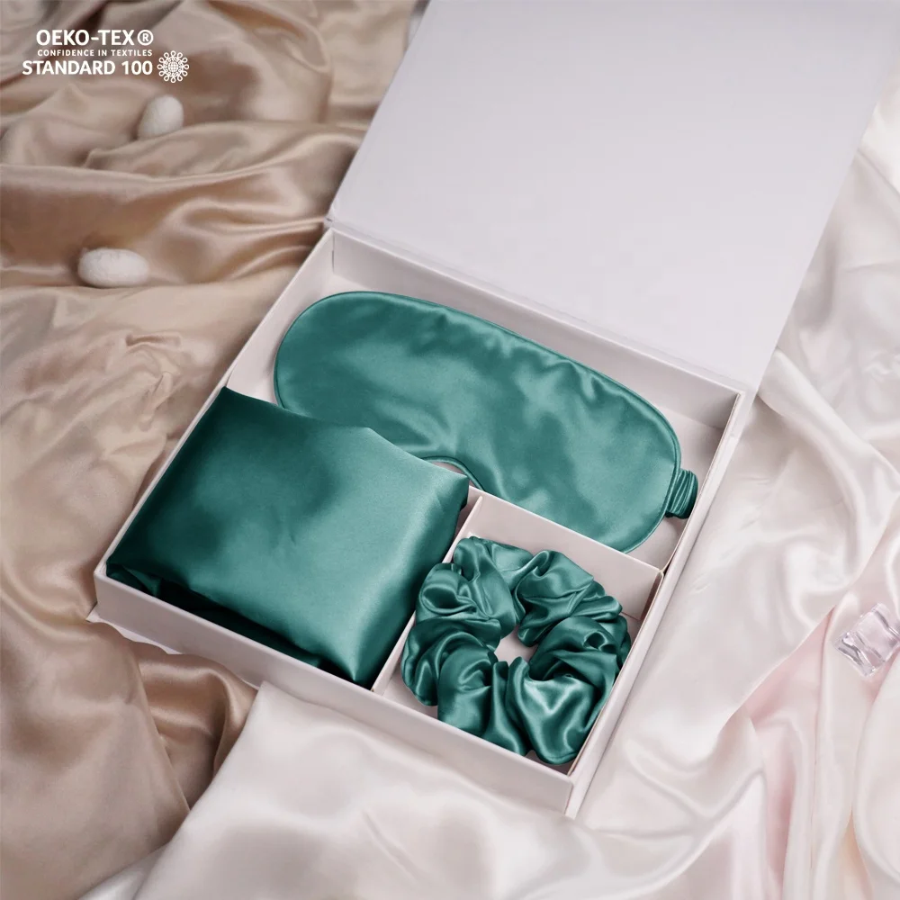 Custom Printed Silk Pillowcase Set With Silk Eye Mask Scrunchies For Hair And Skin
