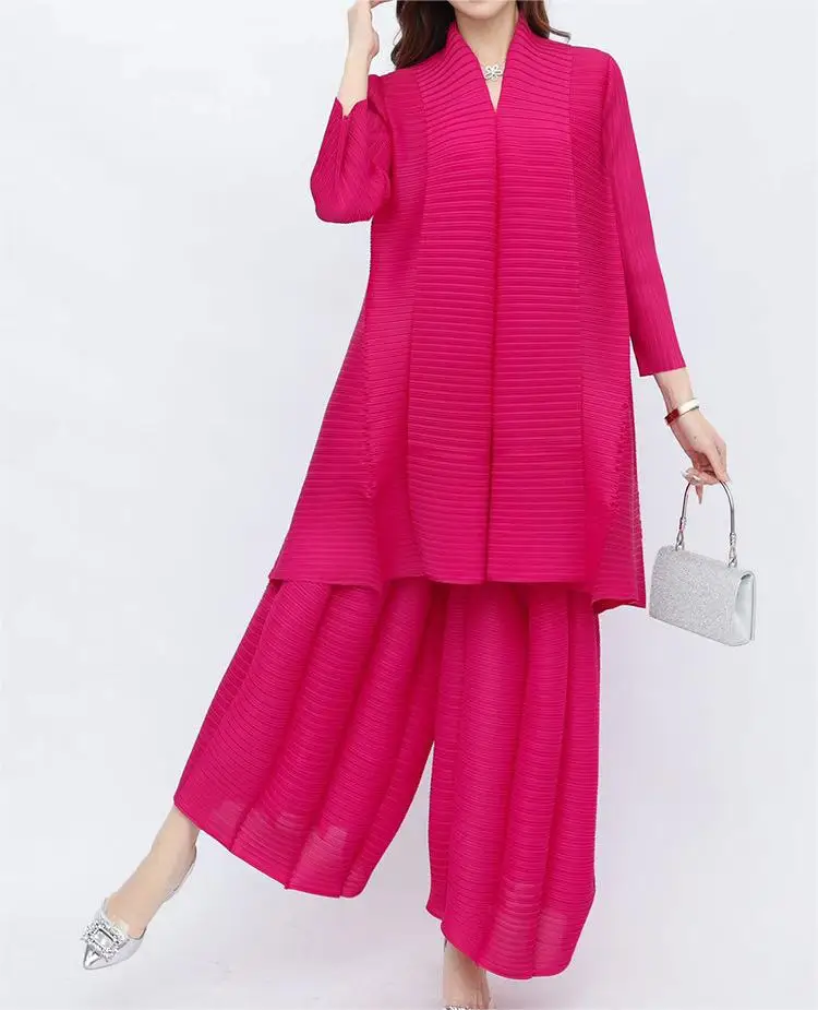 Miyake Plus Size Pleated Set Female 2024 New Casual Fashion Loose Top Wide-leg Pants Women Pleated Two-piece Set