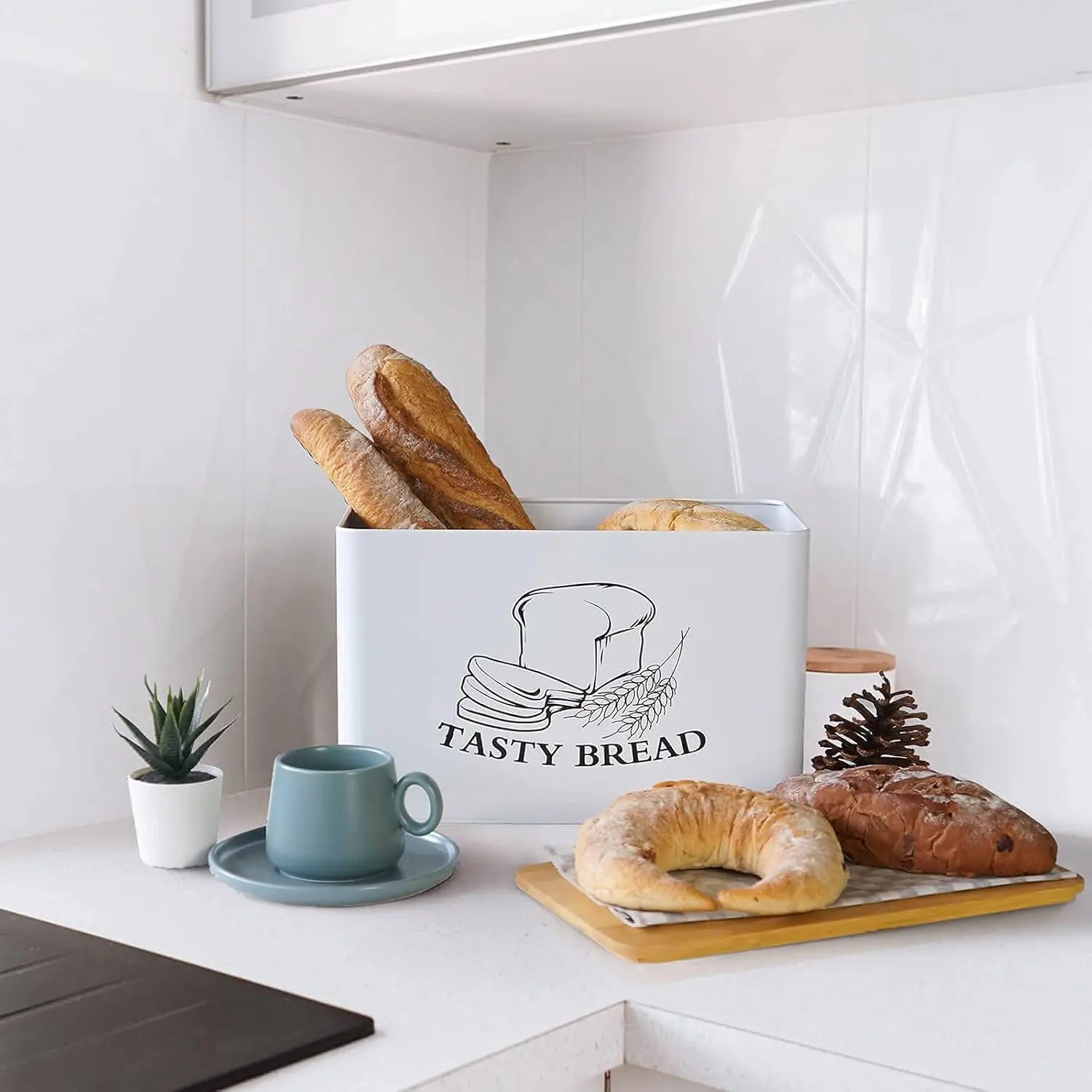 Bamboo Lid Metal Bread Box Large Bread Cabinet Can Loaf Bread Storage Container Metal Snack Storage Box