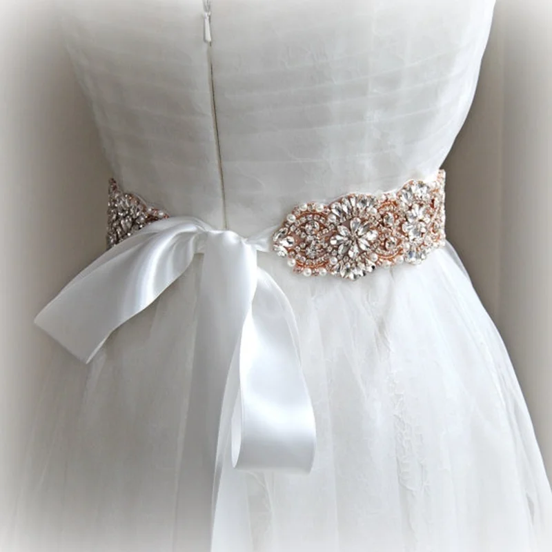 
Hot Sale Pearl Crystal Beaded Flower Bridal Sash Handmade Rhinestone Belt with Ribbon for Bride Bridesmaids formal Dress 