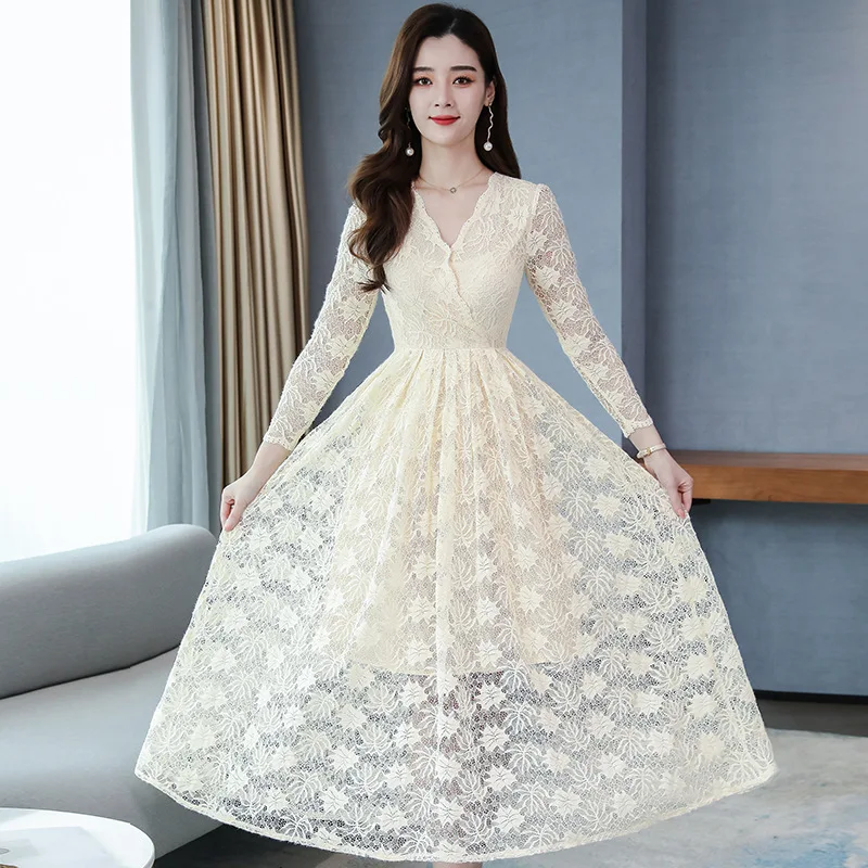 Women spring clubwear clothing long sleeve a line midi lace dresses