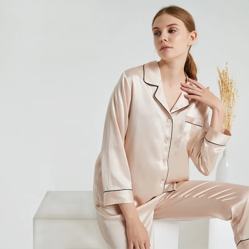 2024 Fashion Breathable 100% Mulberry silk Pajamas Customized Silk Shirt and Pants Long Sleeve Sexy Silk Sleepwear