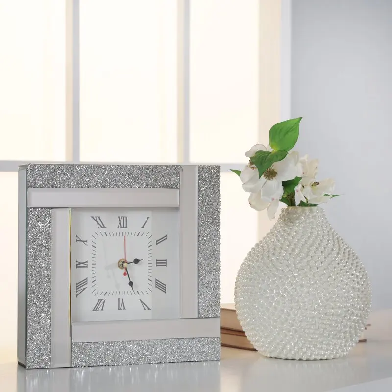 Luxury Mirrored Glittered Table Clock Shinny Crystal Square Desktop for Home Hotel Time Use Decoration
