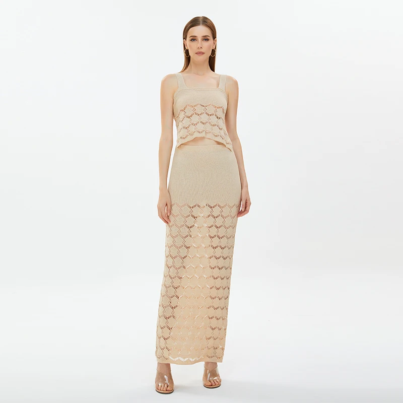 2024 new solid color women clothing diamond striped two piece set small vest slit long skirt