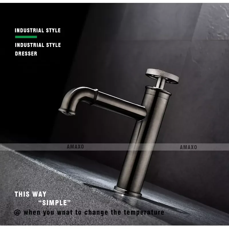 Industrial Bathroom Taps Hand Wheel Switch Mixer Tap Matte Black Basin Faucets Suitable For Themed Restaurant