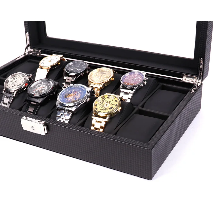 Популярный 12 Слот черный кожаный ящик для хранения часов Органайзер с замком