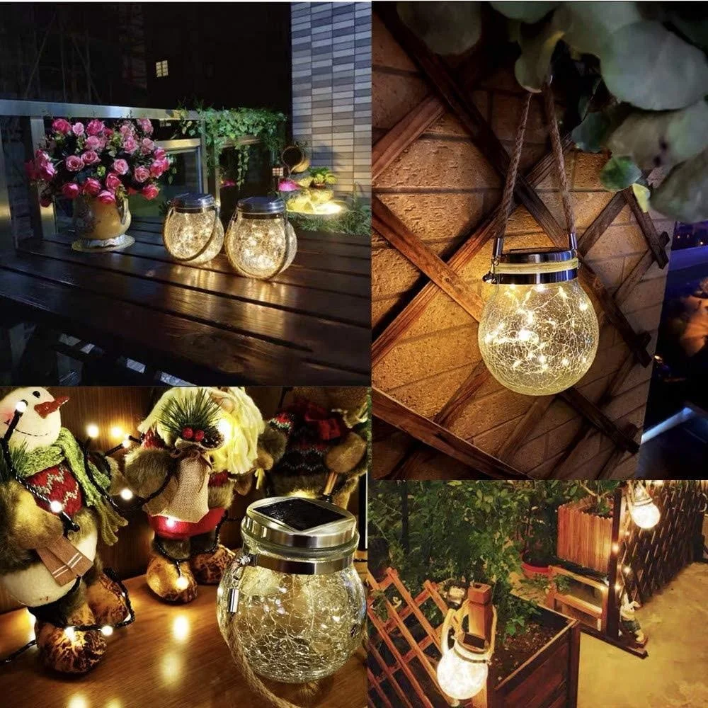 Shingel Solar Lantern Hanging led Mason Jar Light Crack Glass Bottle Mason Jar Solar Garden Light Hemp Rope Hanging Lights