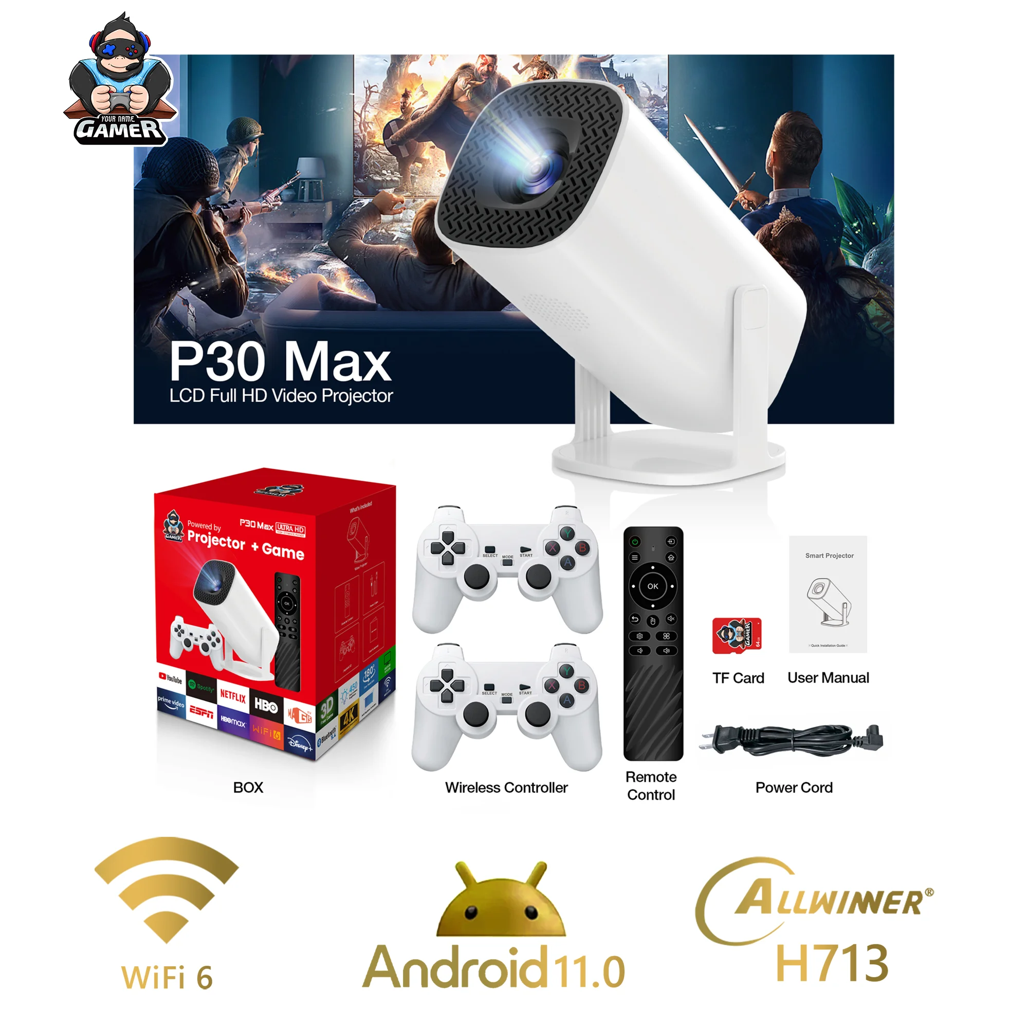 New! P30 max Mini Portable Projector 36000+ Classic Retro LCD Video Game console Video projector Wireless controller HD 1080P