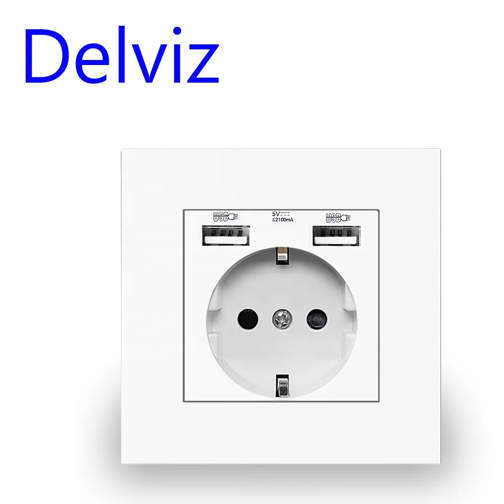 Delviz European 16A Power Outlet, AC 110V-250V, Overload protection, 5V 2100MA charging port, EU Standard Double usb Wall Socket