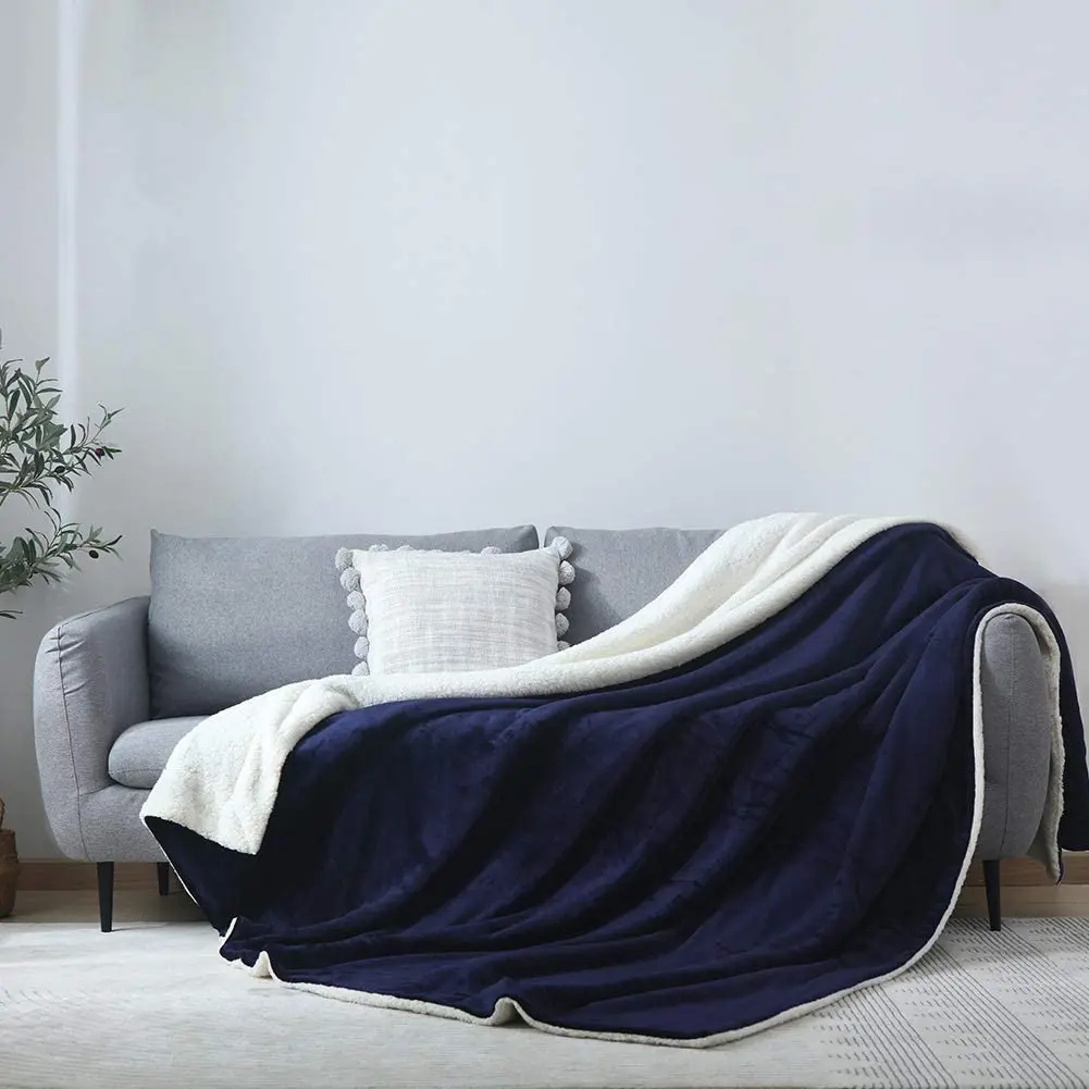 Factory Outlet Sherpa Wool King Bed Blanket - Navy Blue Thick Fleece Warm Soft Queen Blanket King Size