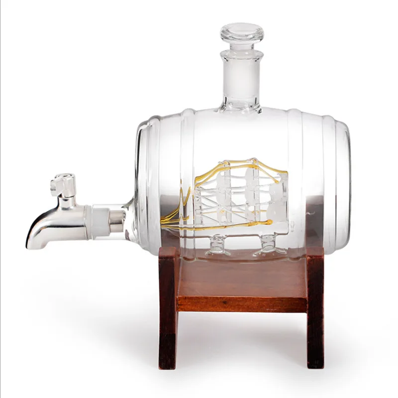 High Borosilicate Glass 1000ml Sailboat Shape Whisky Decanter With Faucet And High Wooden Base