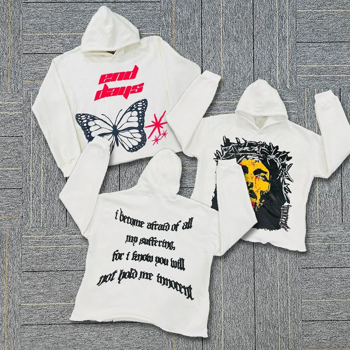 HuiLi OEM factory one stop custom screen printing cropped hoodie men 3d puff print cut edge raw hem boxy hoodie