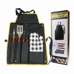 Hard Wood Handle Stainless Steel 5pcs Apron BBQ Set Spatula Tongs Fork Cotton Oven Mitt and Nylon Apron