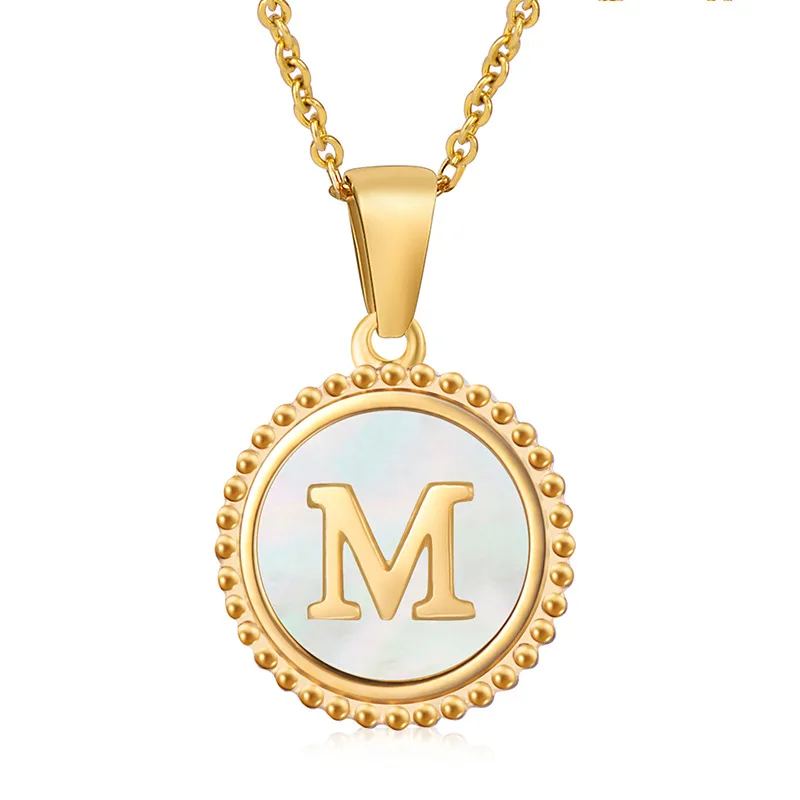 Stainless Steel 18K Gold Plated Fashion Shell Round Initial A to Z 26 Letters Pendant necklace