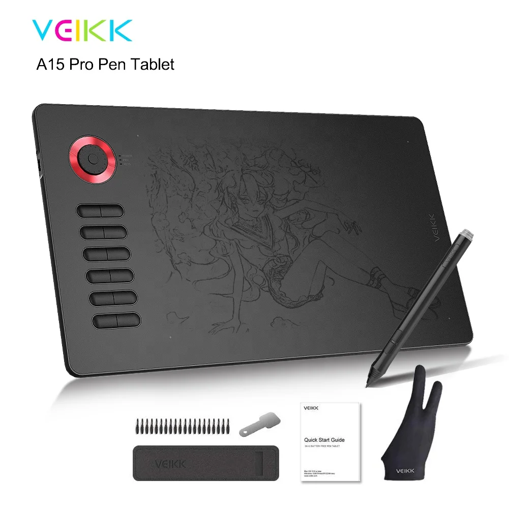 VEIKK A15PRO Drawing Tablet for Computer 10 x 6 inch Digital Drawing Tablet with 12 Hotkeys and a Quick Dial