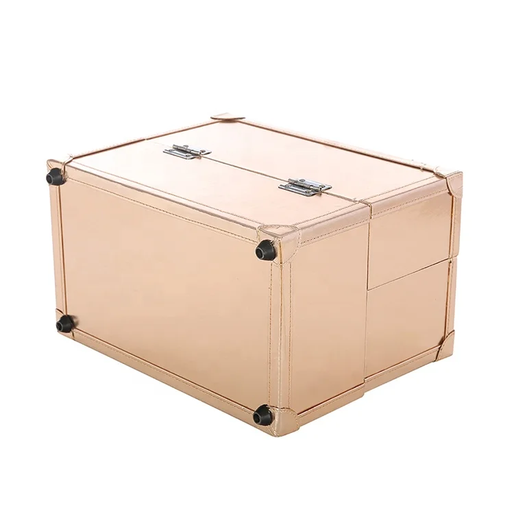 Hengxin Rose Gold 4 Trays Professional Cosmetic organizer Vanity Make Up Carrier  Box  Lockable keys Train Case