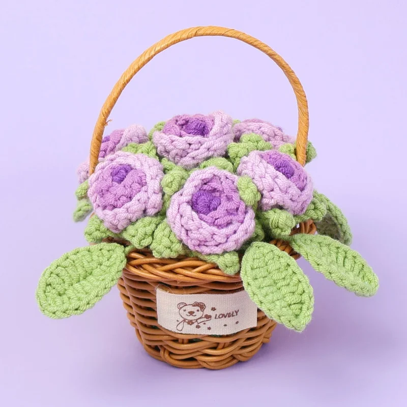H366 Finished Hand Knit Wool Crochet Multi Roses Small Flower Basket Handmade Rose Arrangement Holiday Gift