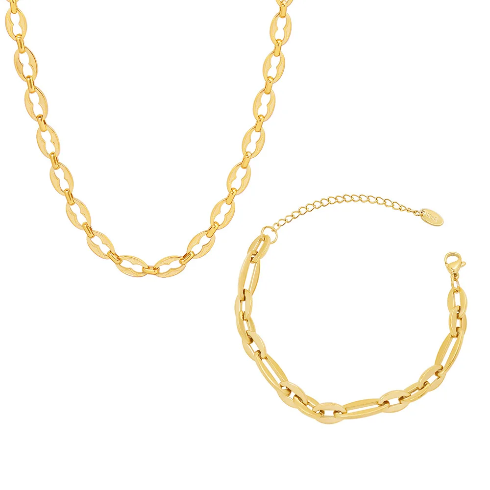 European Hip-hop Trendy Geometric Elements Stacked Simple Bare Chain Titanium Steel Plated 18k Gold Bracelet Necklace Set