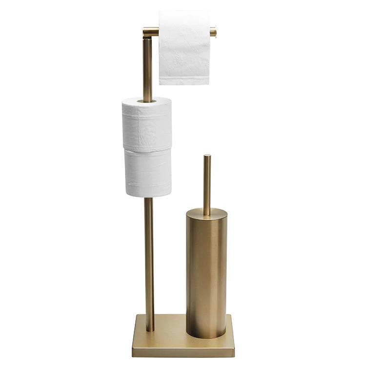 Wholesale Brushed And Golden Lacquer Spraying Metal Free Standing Stainless Steel Toilet Brush And Paper Holder