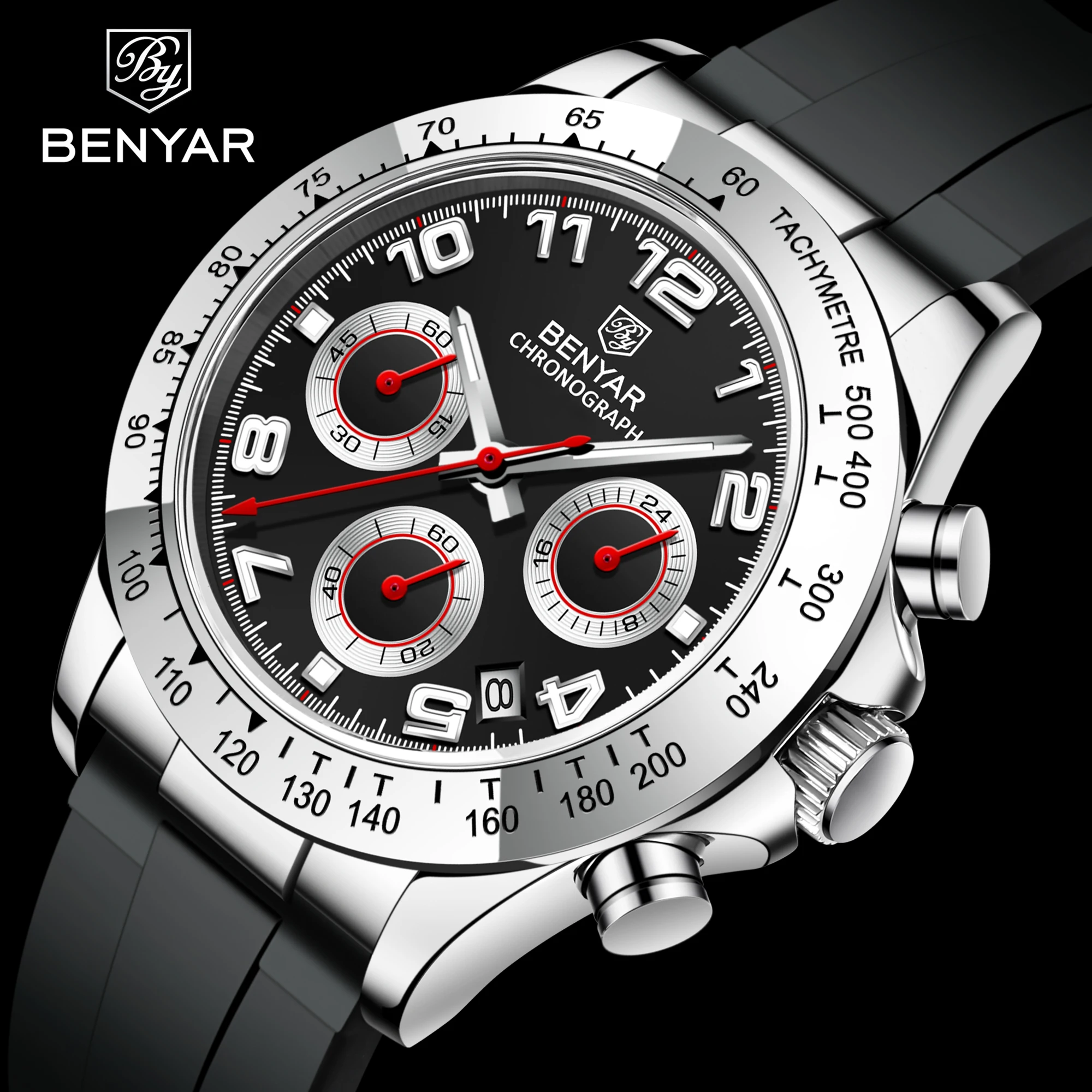 BENYAR 5192 New Luxury Men Quartz Wristwatches Top Brand Chronograph 30M Waterproof Sports Silicon Watch for Men reloj +BOX