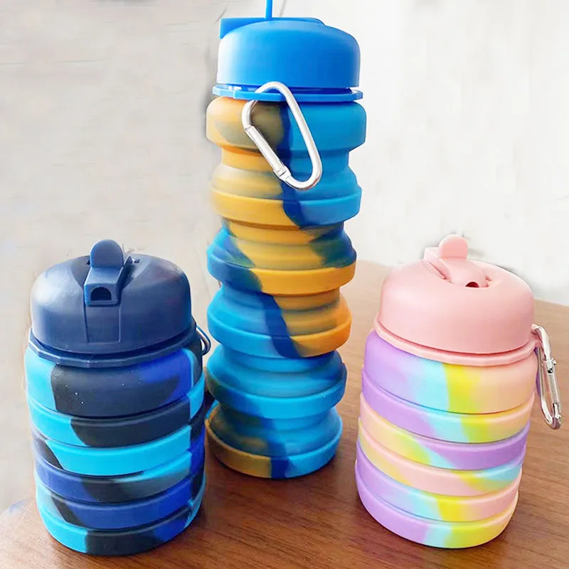 Popular Mix Color 500ML Food Grade Silicone Collapsible Water Bottle Camping Hiking With Carabiner Silicone Water Bottle