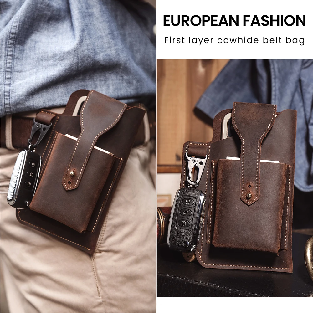 Genuine Leather Waist Men Belt Bag for 5-7inch Cell Phone Cigarette Case Outdoor Phone Holster Waist Pouch Multi-function