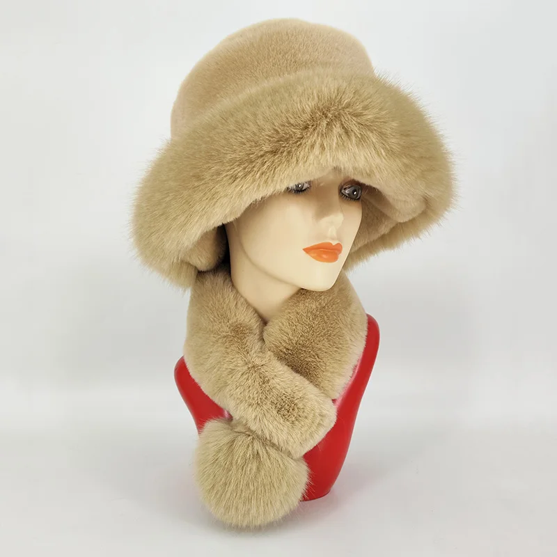 New Style Faux Fur Hat And Scarf Suit Adult Women Winter Warm Fake Rex Rabbit Fur Hat Fox Fur Ball Scarf Two-Piece Set