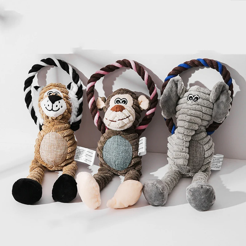 Manufacturer wholesale squeaky dog rope plush toys monkey lion elephant
