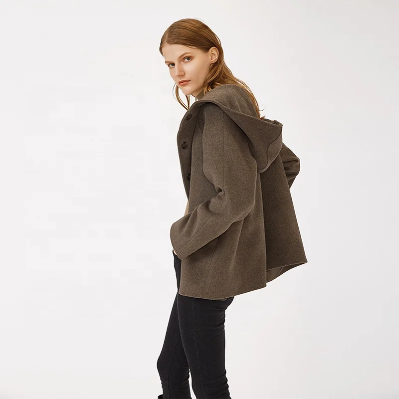 High Quality Loose Brown Single Breasted Hooded Woolen Cloth Short Coat For Women
