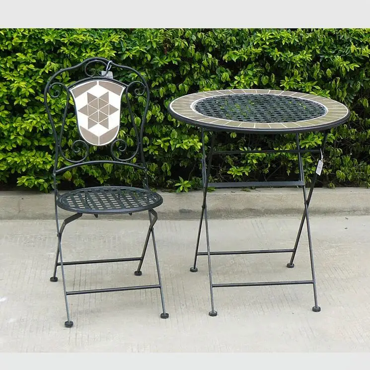 
High Quality Metal Mosaic Wood side Mosaic Garden Table And Folding Chair Set Outdoor Dining Furniture 