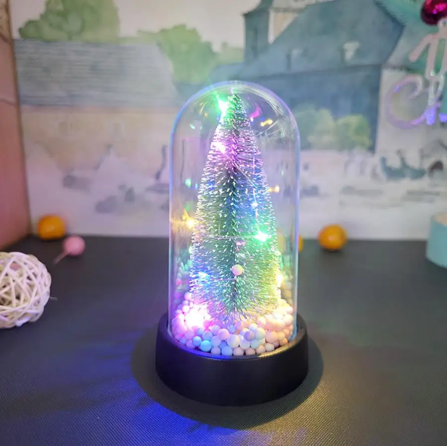 Light Up Artificial Mini Christmas Tree LED String Pine Sisal Trees with Wooden Base in Clear Case Home Xmas Holiday Party Decor