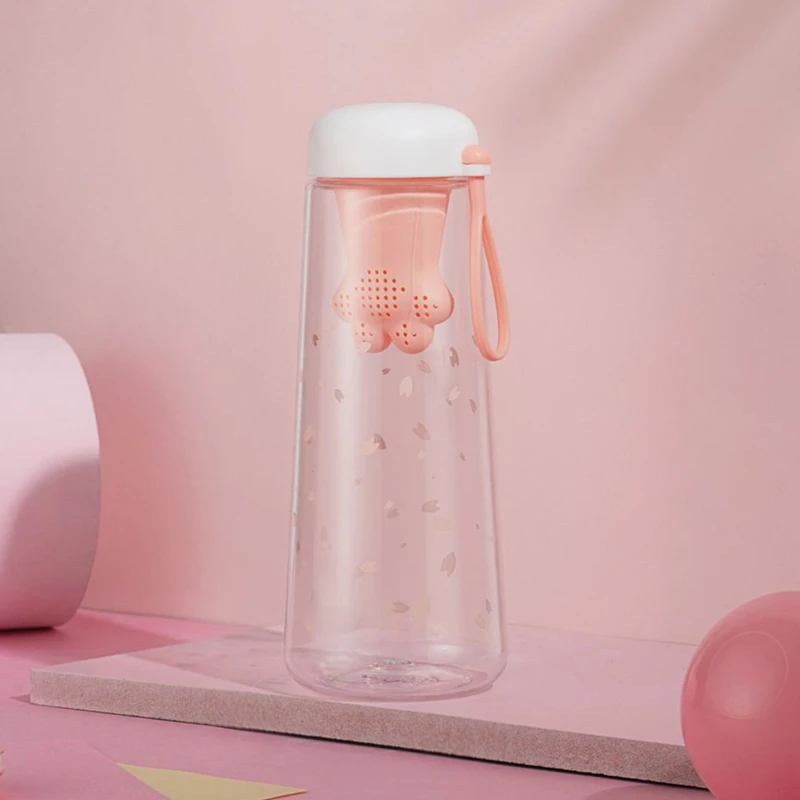 Cat Paw Water Bottle Pink Plastic Bottles 550ml for Girls Home Office Tea Kawaii Drinkware Cute Portable Drinking Bottle