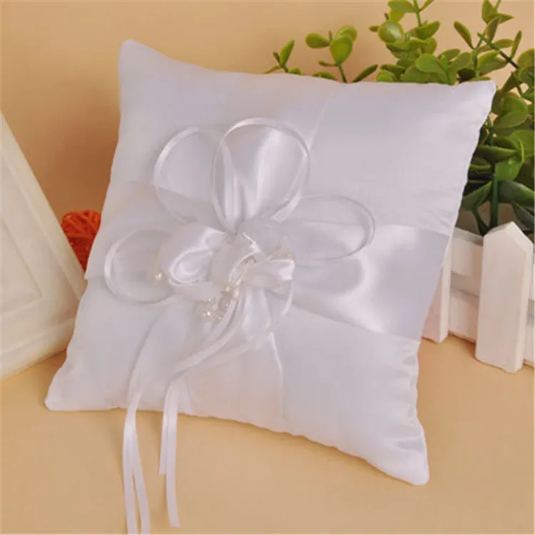 New Arrival White Marriage Ribbon Bow Square Ring Pillow Satin Bridal Ring Cushion For Wedding Party Supplies Anniversary