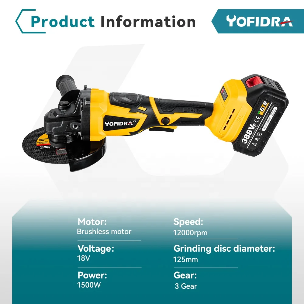Yofidra 125mm M14 Brushless Angle Grinder 12000Rpm 18V 3 Gears Cordless Electric Impact Grinding Tool For Makita 18V Battery