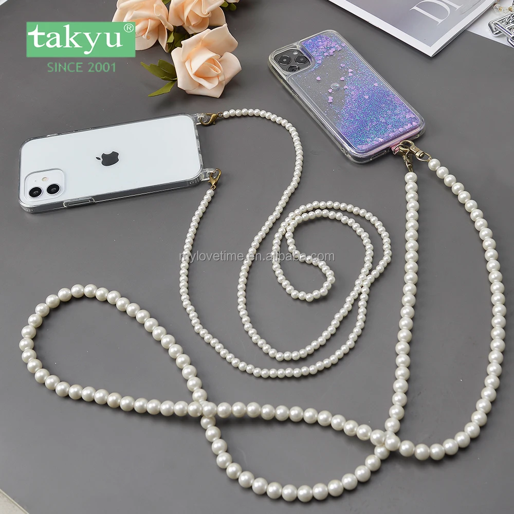 Different fashion styles long handmade string pearl beads two buckles chain strap lanyard for cell phone