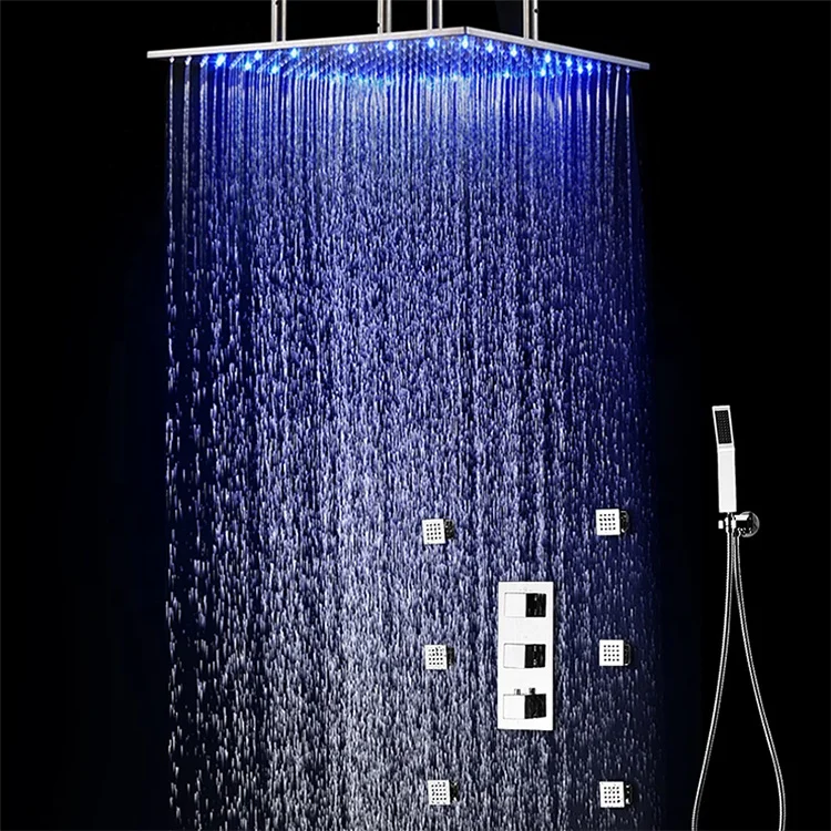 
kaiping 500*500mm Wall Mounted rainfall Chrome Plated Shower Head Set LED Rain Shower Panel With Body Jet Thermostatic 