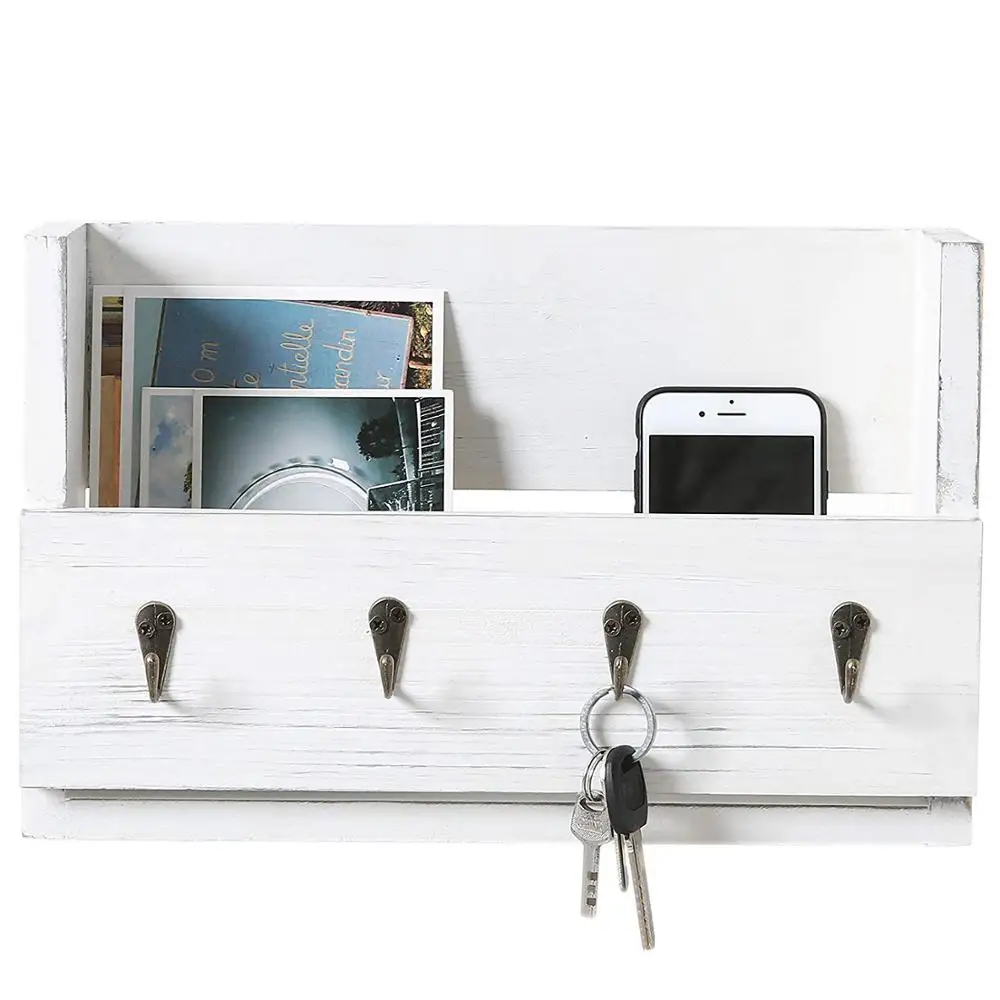 
Antique White Wood Wall-Mounted Magazine Mail Holder with 4 Key Hooks 