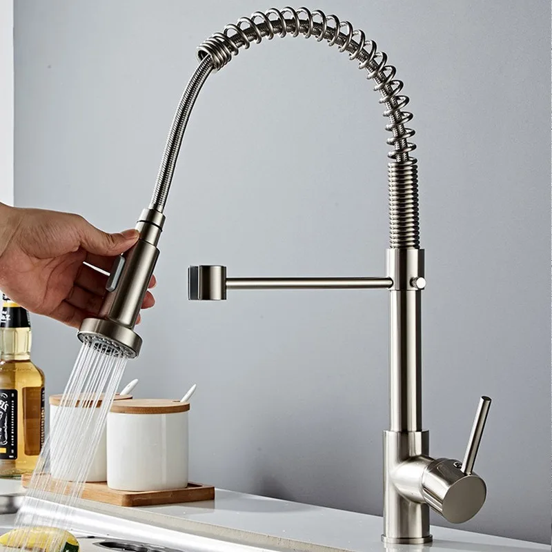 Kitchen Spring Flexible Sink Faucet CBM Copper Single Handle Matt Black Brass Modern Contemporary Villa Pull Out Kitchen Tap