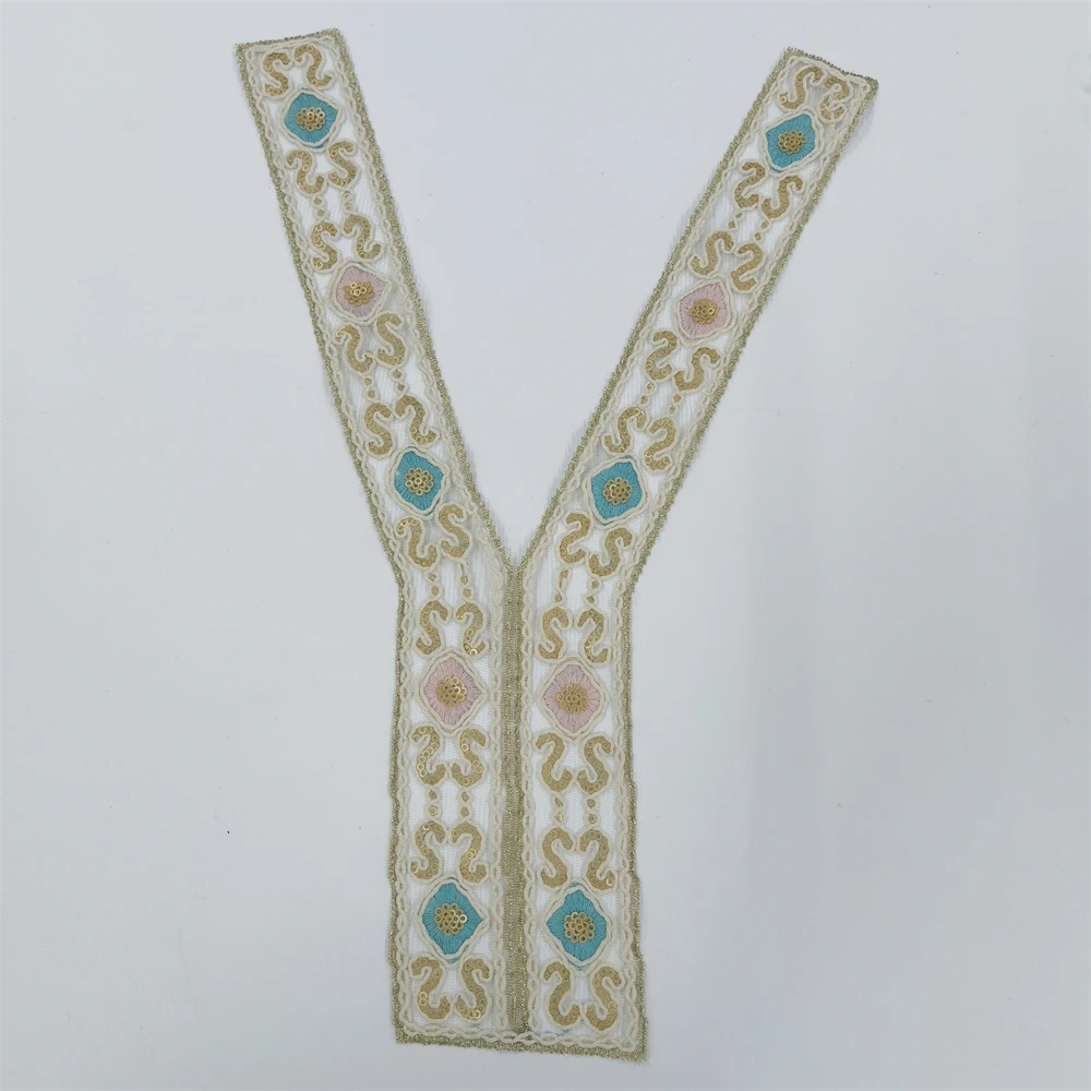 and Decorative Y Shaped Neck Patch Collar Beautiful Handmade Embroidery Neckline Patches With Sequin for garment