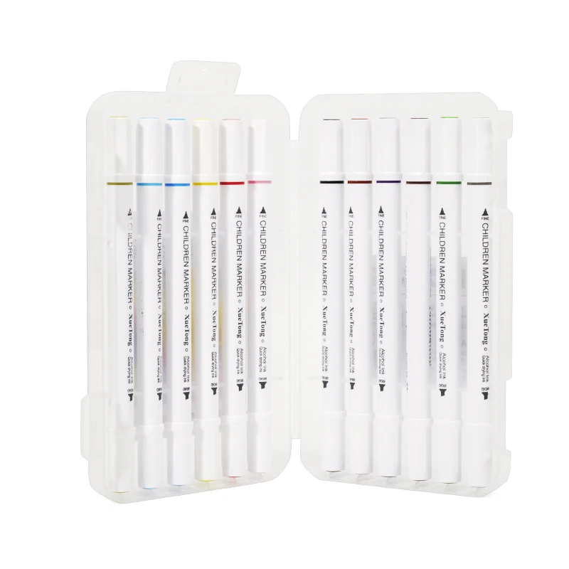  12pcs Colors Hand-drawn design of double-end marker with thin rod stationery box market pen set boxes printing