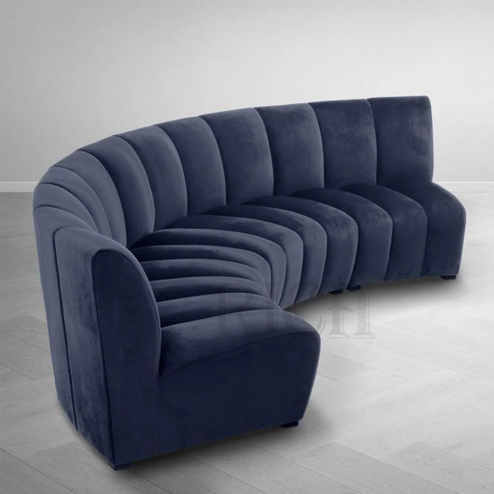 Modern living room navy blue velvet sofa hotel lobby curve arc shaped velvet sofa set