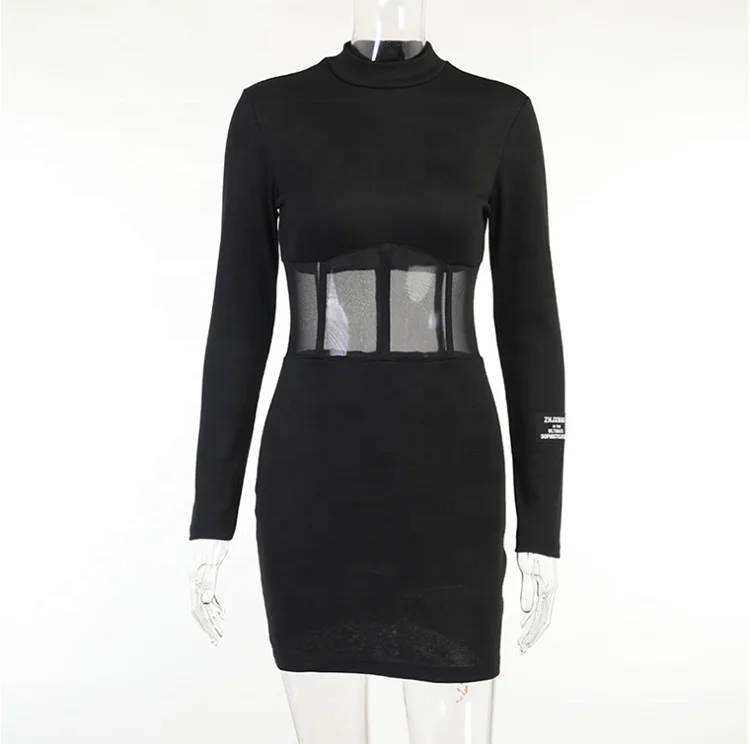 Hot Sale Black Turtleneck Long Sleeve Tight Party Wear Dress Mesh Patchwork Mini Sexy Dresses With Bodycon Buttocks For Women