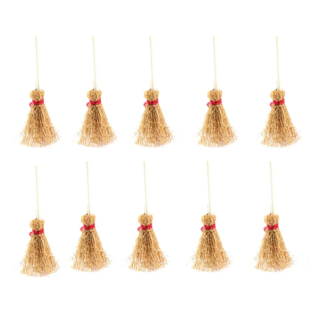 Mini Broom Straw Craft Decoration Artificial Brooms with Red Rope Witches Accessory for Halloween Party
