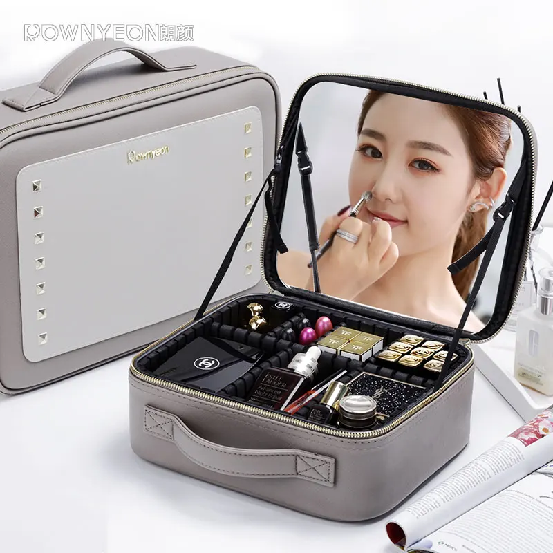 Rownyeon New Fashion Large Capacity Girl Travel Makeup Tools Bag Zipper Cosmetic Suit Case With Mirror