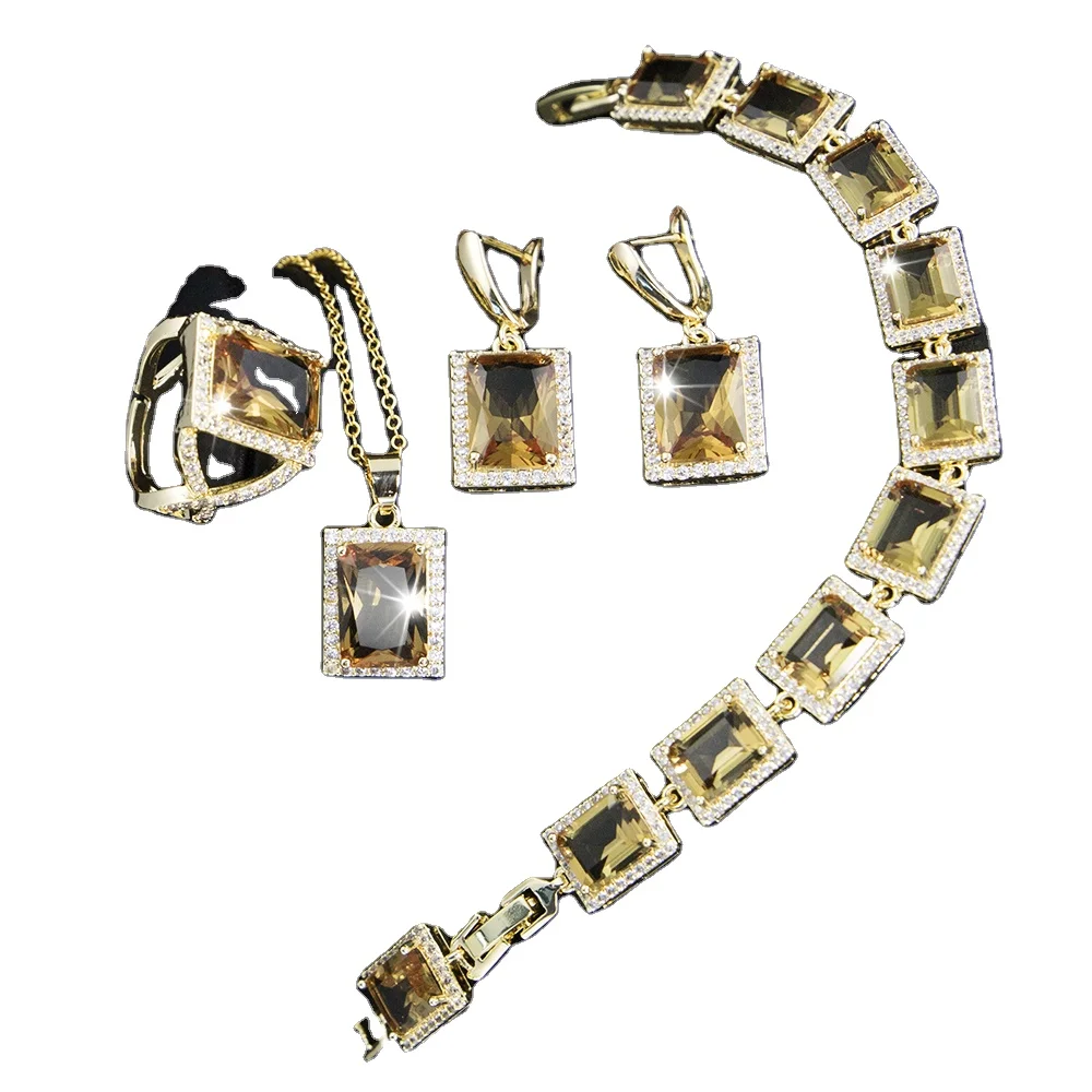 Change Color Stone Wedding Jewelry Sets Women White Gold Plated Earrings Ring Necklace Pendant