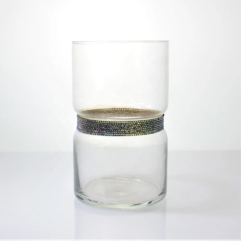 Wholesale transparent tall cylinder flower glass crystal vase with gold or silver diamond belt in the middle